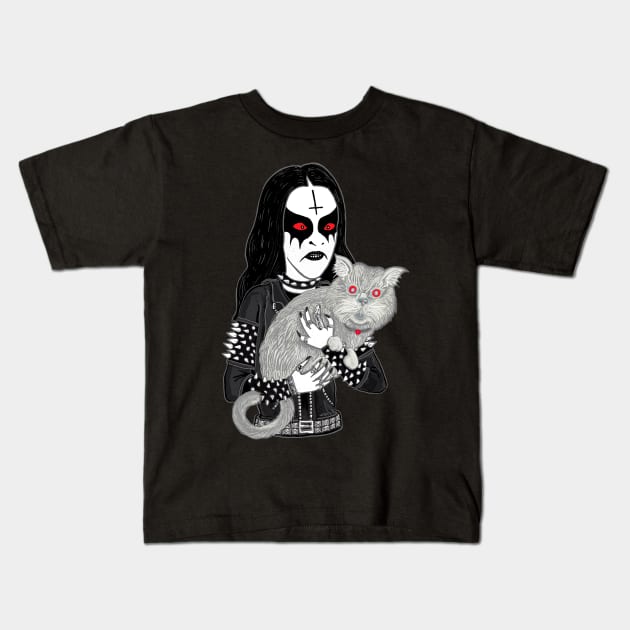 Metal Head with a Cat 2020 Miskeldesign Kids T-Shirt by miskel